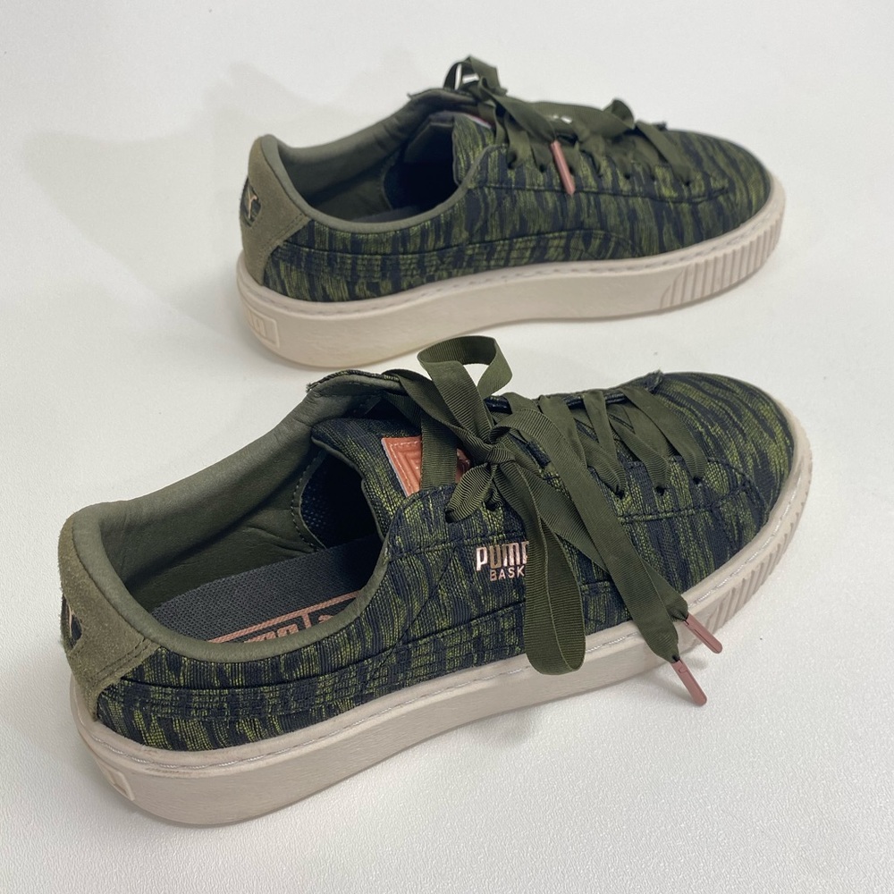 NEW Puma Basket Platform Satin Brocade Olive Army Green Ribbons Copper Detail 8
